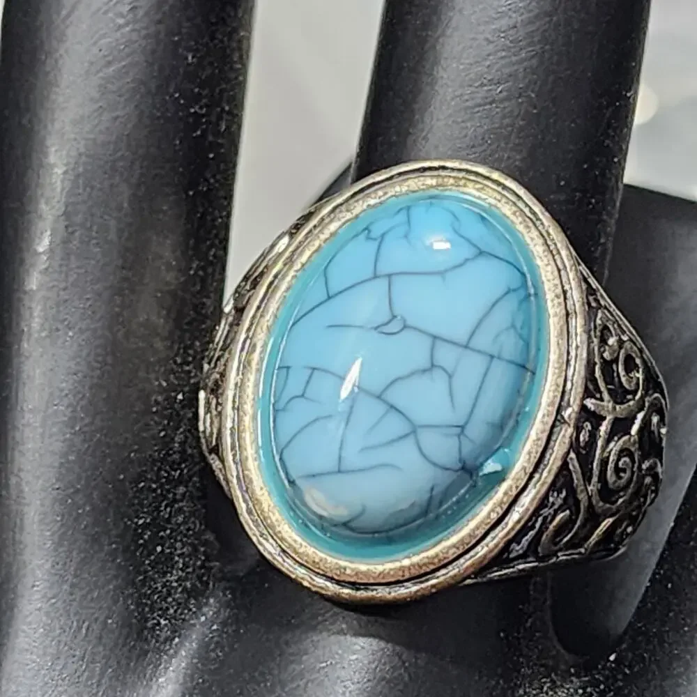 Mens Sz 8 Signet Ring Faux Simulated Turquoise Stainless Steel Ornate Scrollwork